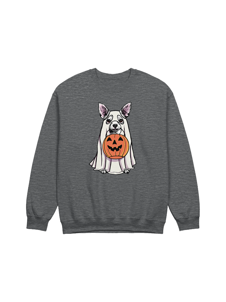 Funny Halloween Chihuahua(White) Sweatshirt | Funny Chihuahua Wearing a Ghost Costume and Holding a Pumpkin Basket product image (1)