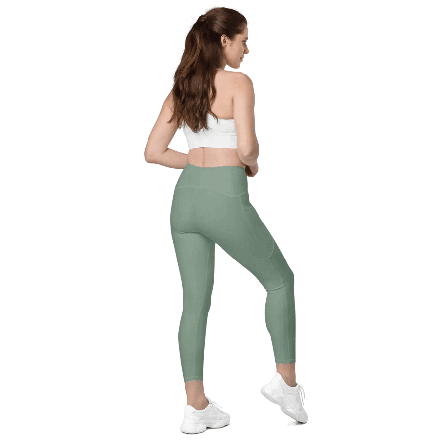 Plain Medium Sage Green Soft Summer Women's High Waisted Premium Crossover Leggings with Pockets by Treasure Pie product image (7)