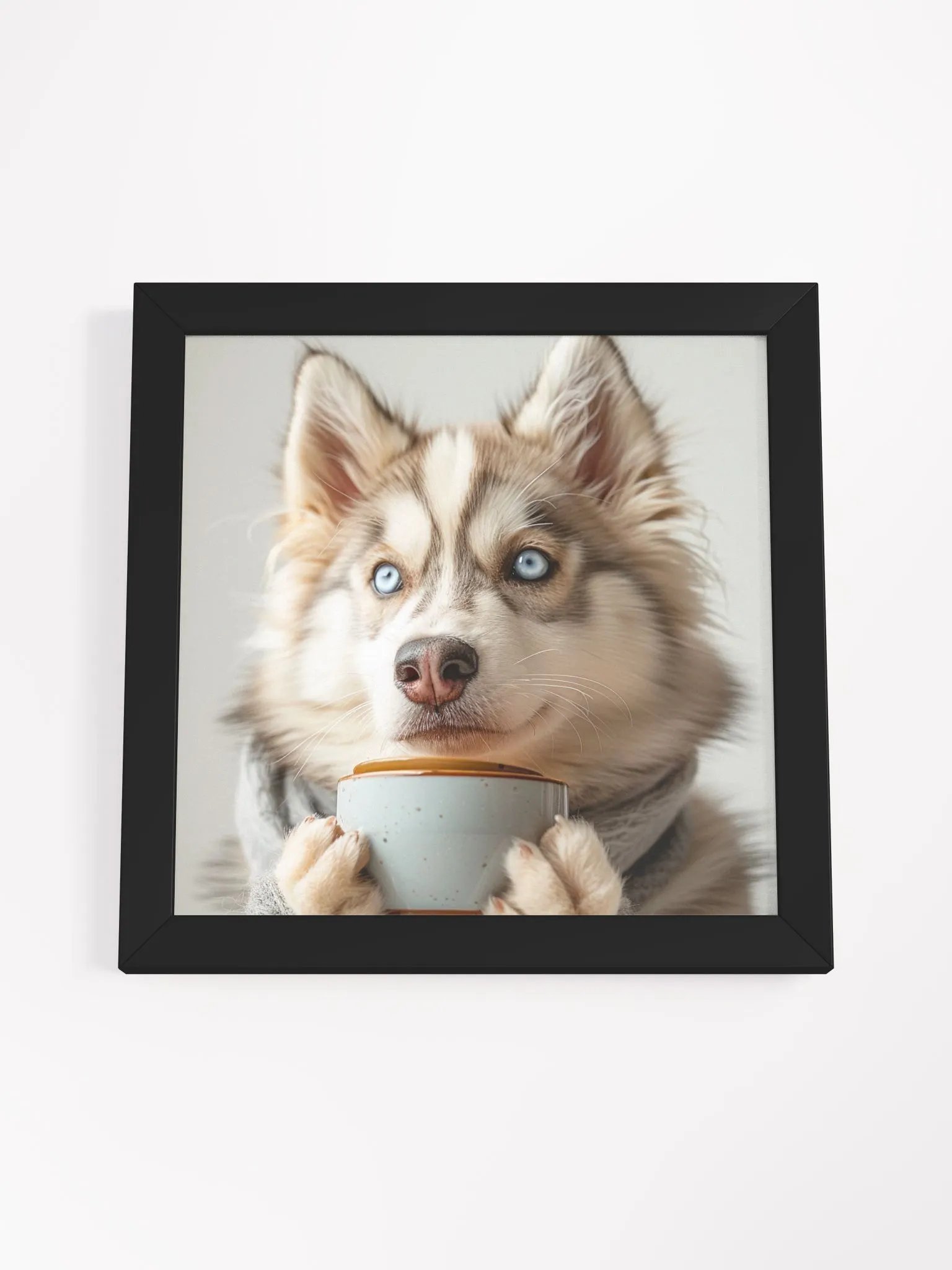 Cute Coffee Lover Blue Eyed Husky Dog Framed Wall Art product image (2)
