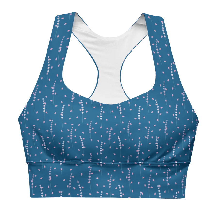 longline sports bra in teal with fine lavender print. product image (8)