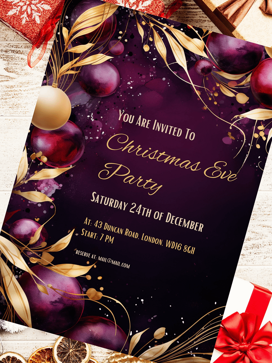 Luxury Purple and Gold Christmas Party Invitation | Editable in Canva | Christmas Party Printable | Holiday Invitation Template | Canva Edit product image (2)