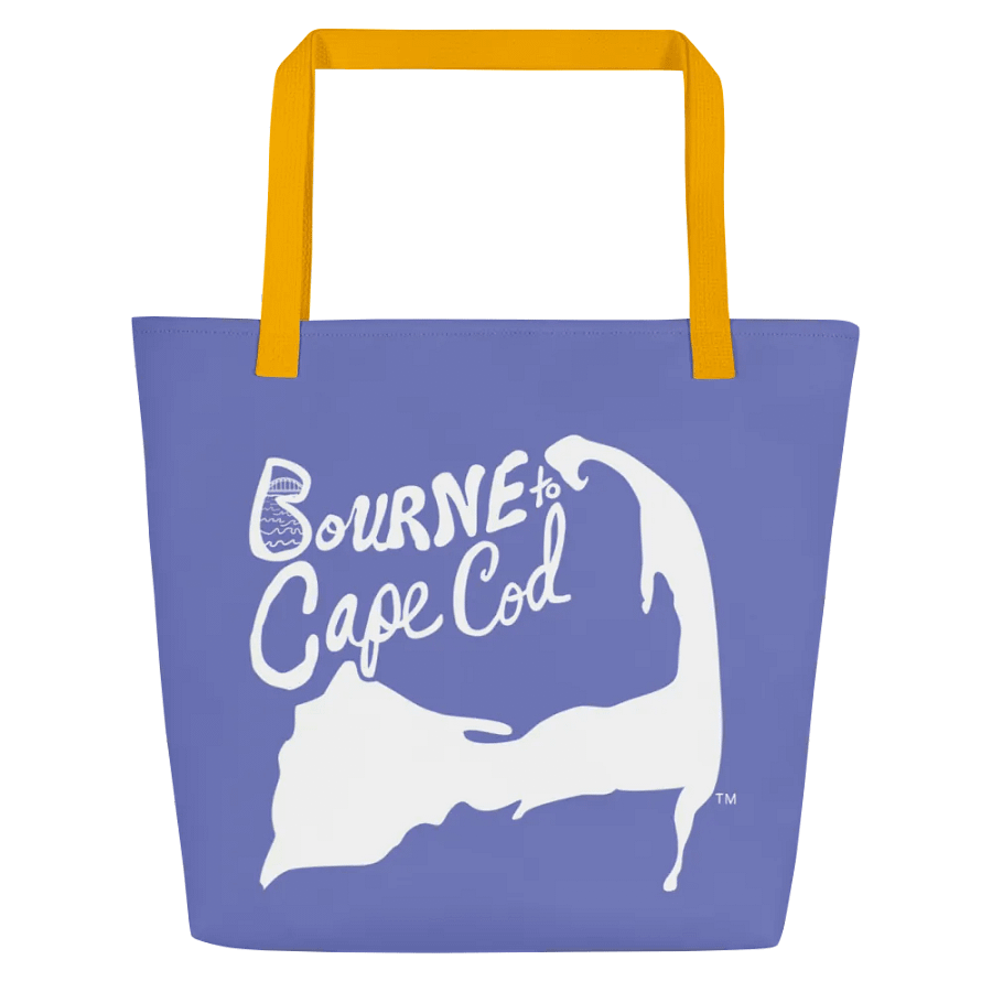 BOURNE to Cape Cod™ | Large Tote Bag with Pocket | Coastal Classic | All-Over Logo Print | White Logo on Slate Blue product image (4)