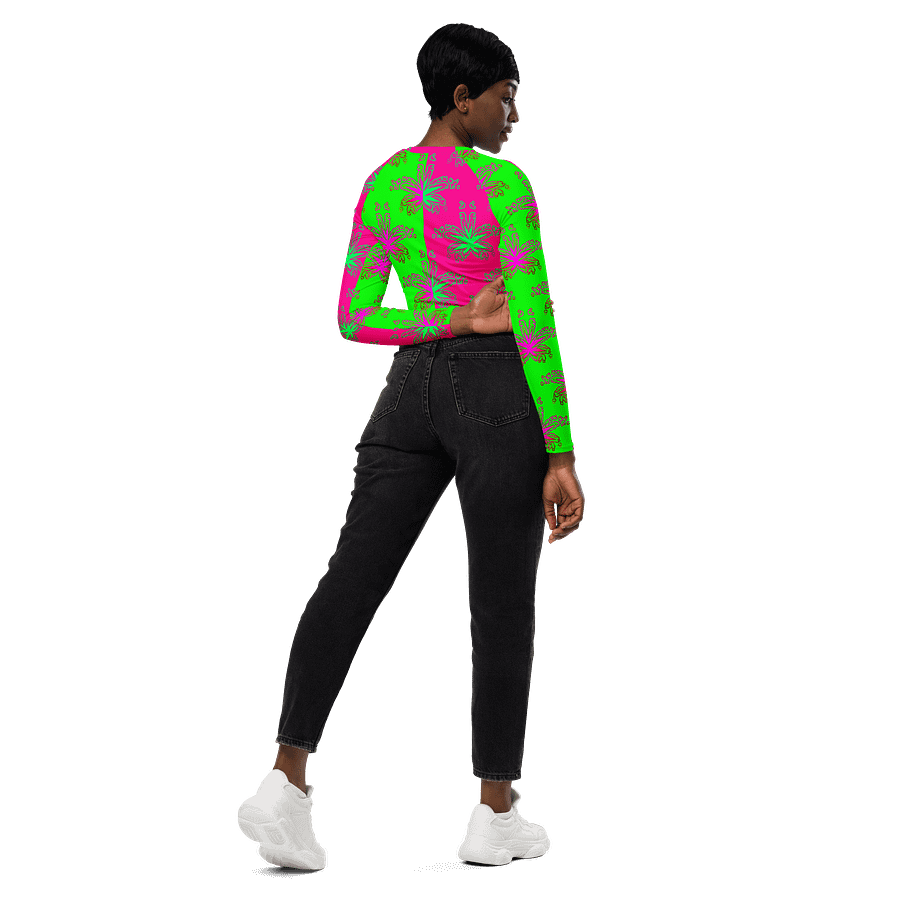 Cannabis Stoner Circus Stripes Recycled Long-Sleeve Crop Top, 420 Summertime Beach Weed Shirt, Neon Green Hot Pink Pot Leaf Pattern Clothing product image (7)