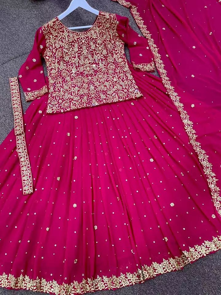 FULLY STITCHED PINK LONG BLOUSE LEHENGA CHOLI DIAMONDS WORK LENGHA TOP BELT product image (4)