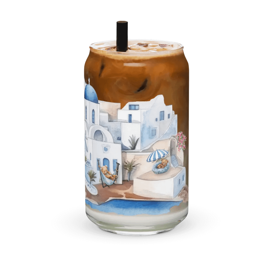 Santorini Dreaming Glass Can Tumbler | 16oz | Greek-Inspired Beverage Glass with Bamboo Lid & Straw product image (12)