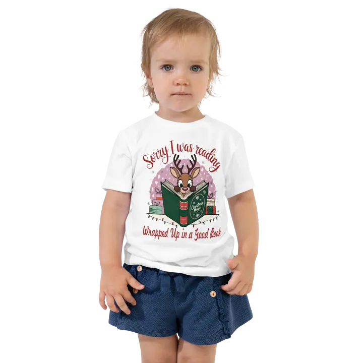 Sorry I Was Reading - Wrapped Up in a Good Book Bella+Canvas Toddler T-Shirt | Cute Christmas Gift for Kids | Holiday Reindeer Shirt product image (1)