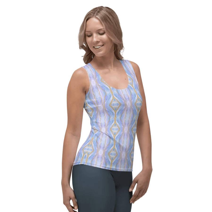 Ladies all over print tank top with soft  pastel blues and pinks.. Stylish and chic for the lady who likes the unusual. product image (6)