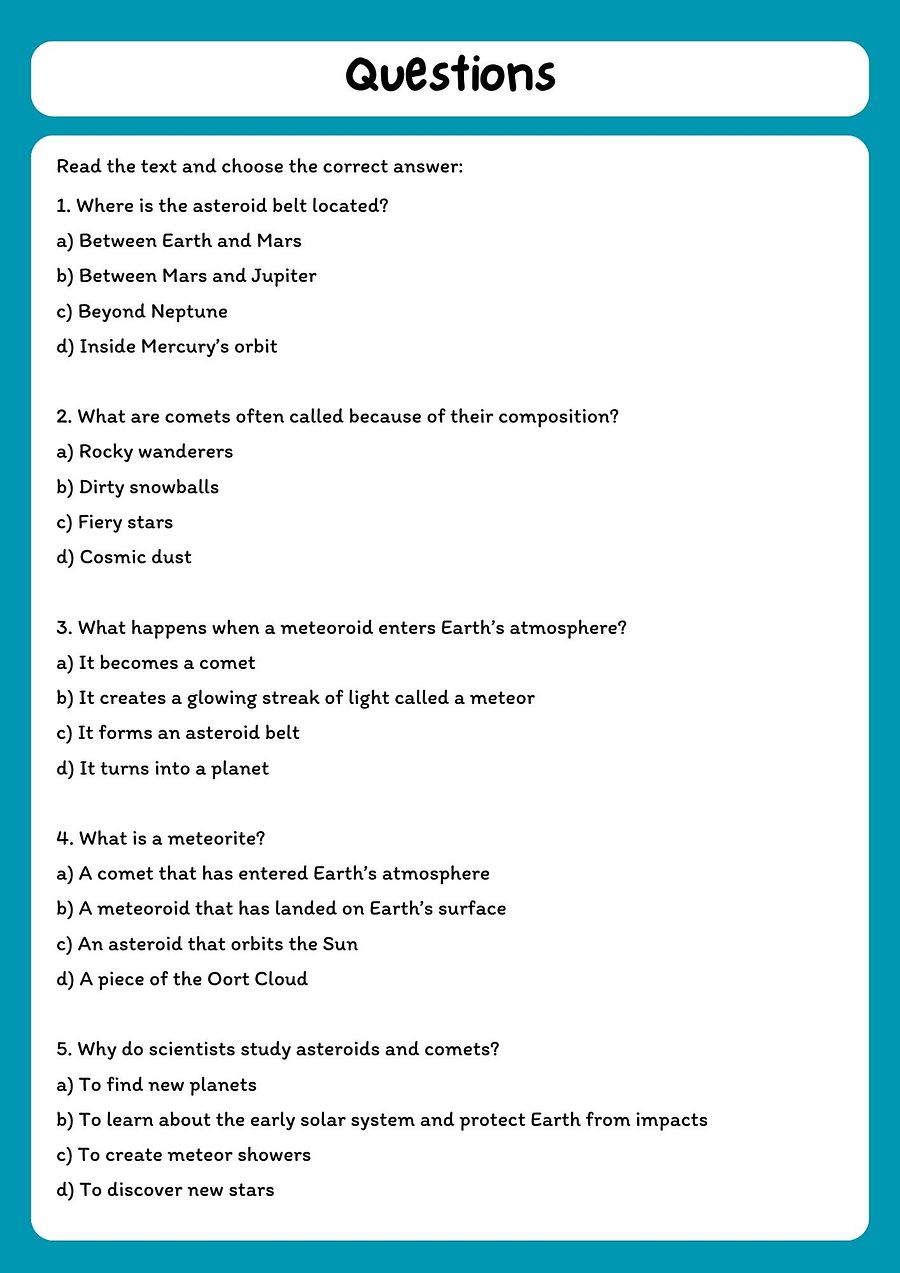 Comets, Meteors, and Asteroids Reading Comprehension with Questions product image (2)
