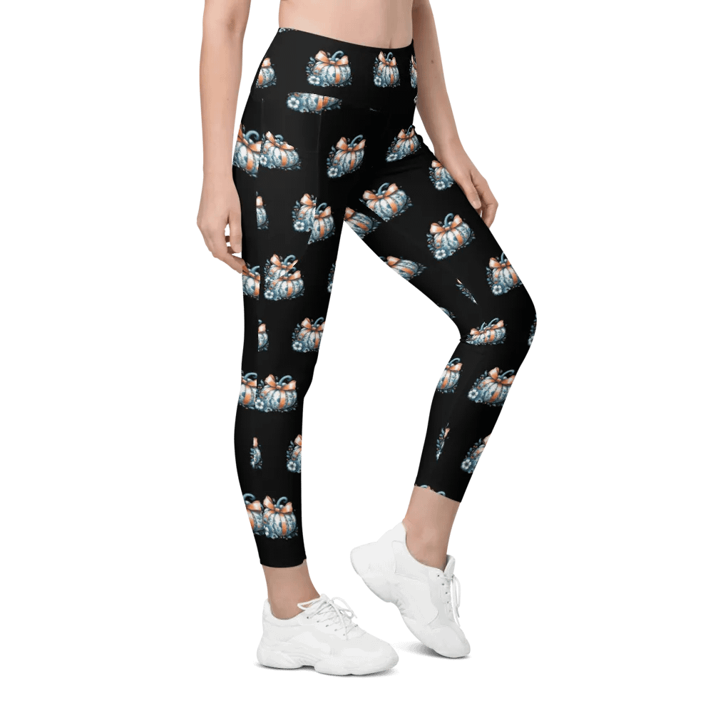 Charming Pattern of Stylishly Whimsical Dressed Blue And White Pumpkins With Orange Ribbon Chic Leggings product image (9)