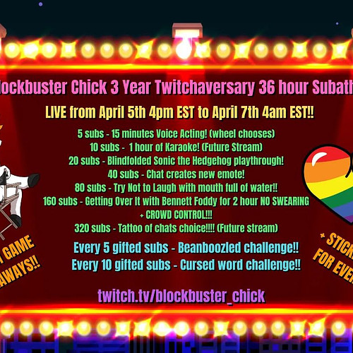 April 5th marks my 3 year Twitch Streamaversary!!
I'm celebrating the occasion with my 1st HUGE event of the year - 
A 36 HOU...