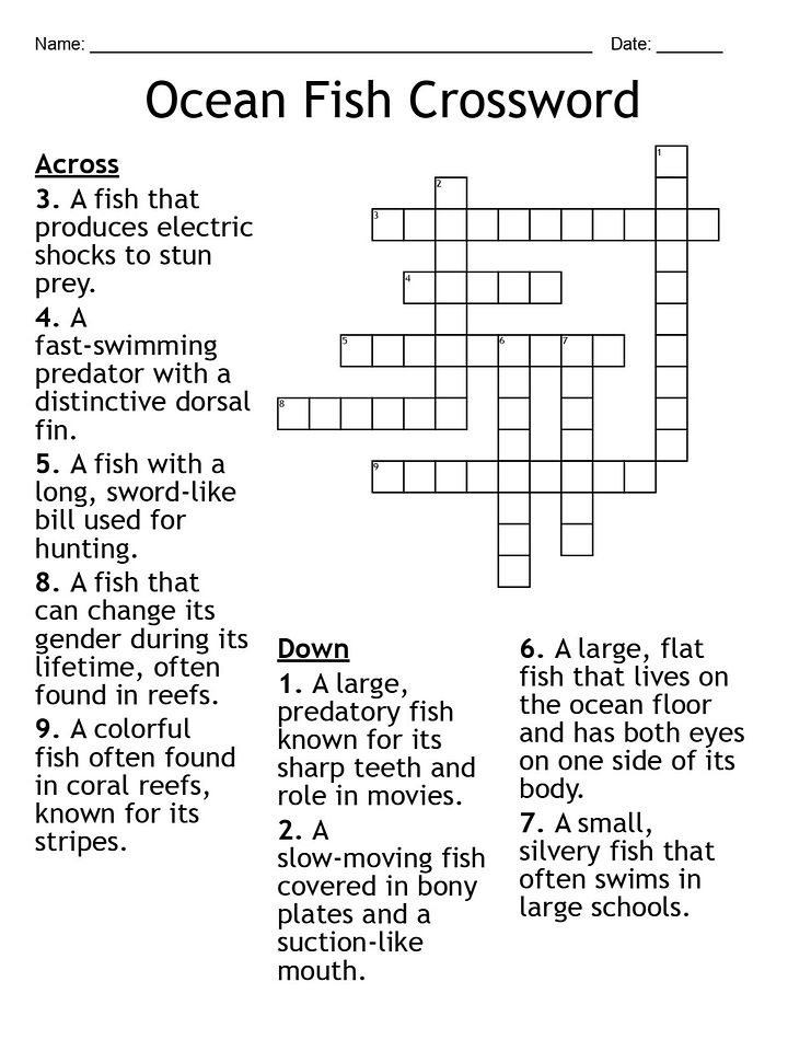 Ocean Fish Crossword Puzzle – Fun Marine Biology Activity product image (1)