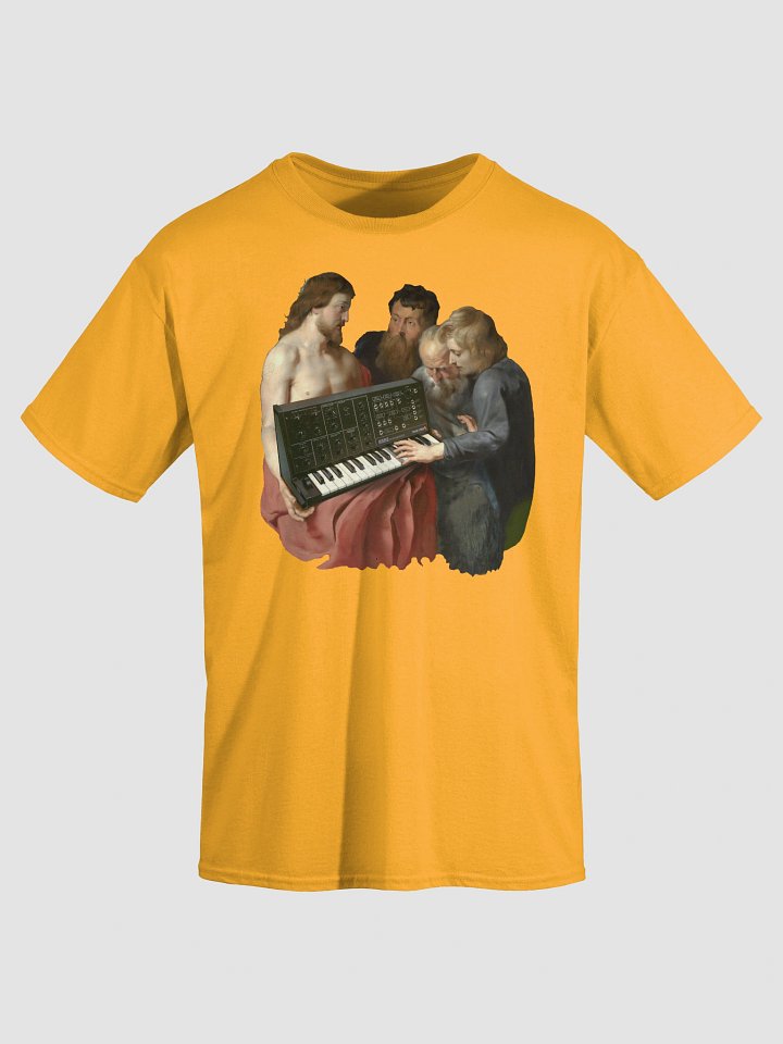 He died for our synths, by Frank Fonik (Japanese Korg MS 20), Techno EDM Unisex t-shirt product image (1)