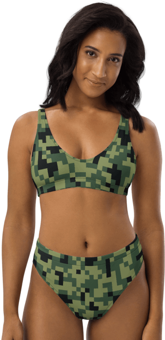 Military Green Camouflage Pixels Camo Pattern High Waist Bikini Set product image (1)