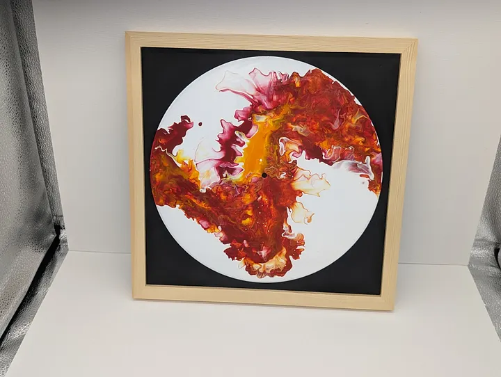 Framed Acrylic Pour Painting on Vinyl Record- Maroon and Orange product image (1)