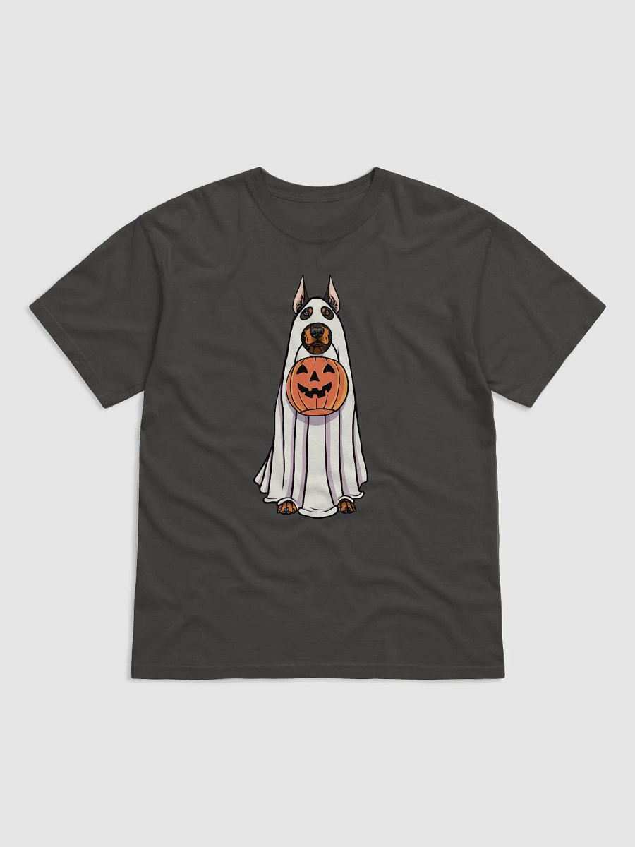 Funny Halloween Doberman T-Shirt | Funny Doberman Wearing a Ghost Costume and Holding a Pumpkin Basket product image (4)