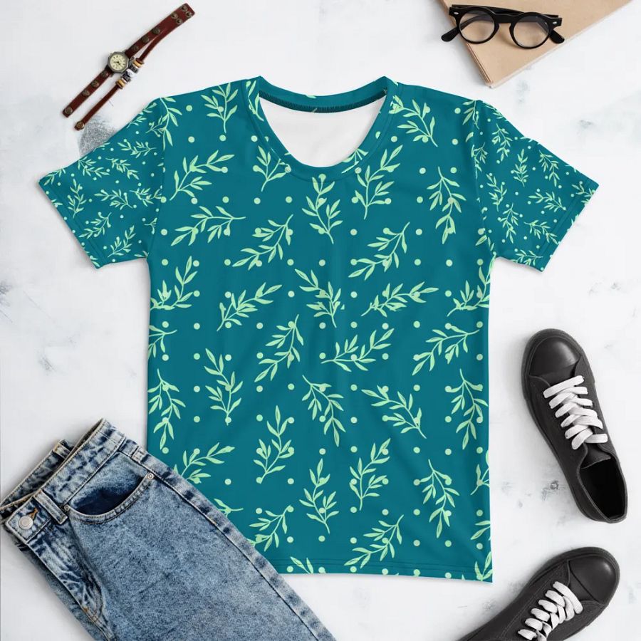Ladies T shirt all over print teal color  leafy design  giving a fresh healthy feel for outdoor activity or outing. product image (10)