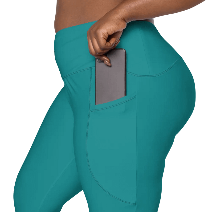 Plain Teal Green Light Summer Women's High Waisted Premium Crossover Leggings with Pockets by Treasure Pie product image (9)