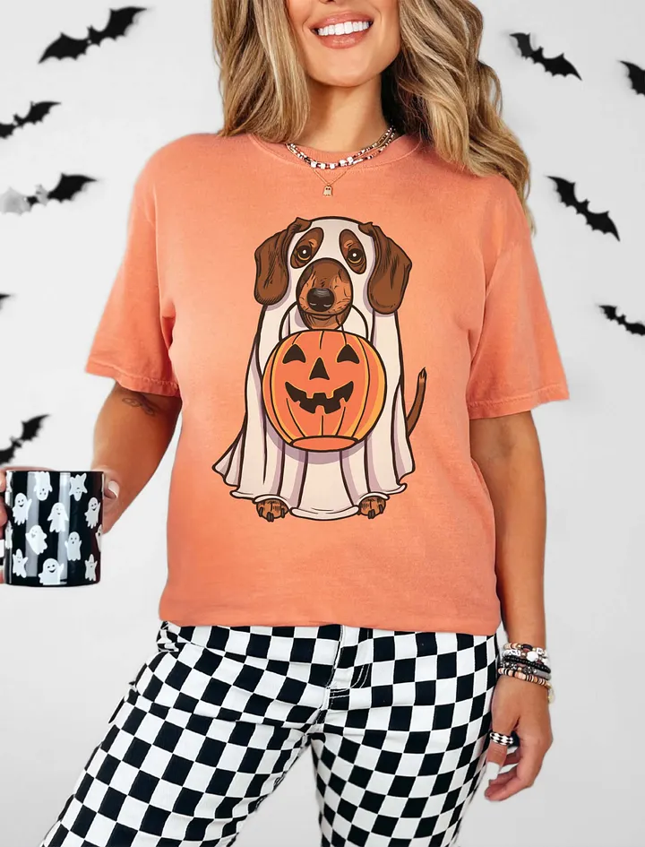 Funny Halloween Dachshund(Red) T-Shirt | Funny Doxie/Wiener Wearing a Ghost Costume and Holding a Pumpkin Basket product image (19)