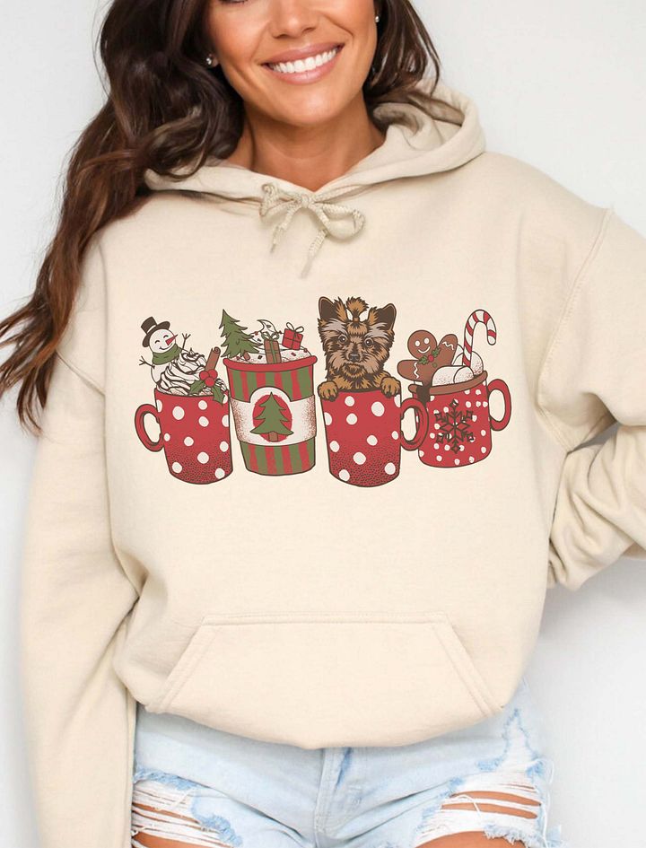 Cute Yorkshire Terrier in a Christmas Cup Hooded Sweatshirt | Funny Christmas Yorkie Pup in a Cup product image (16)