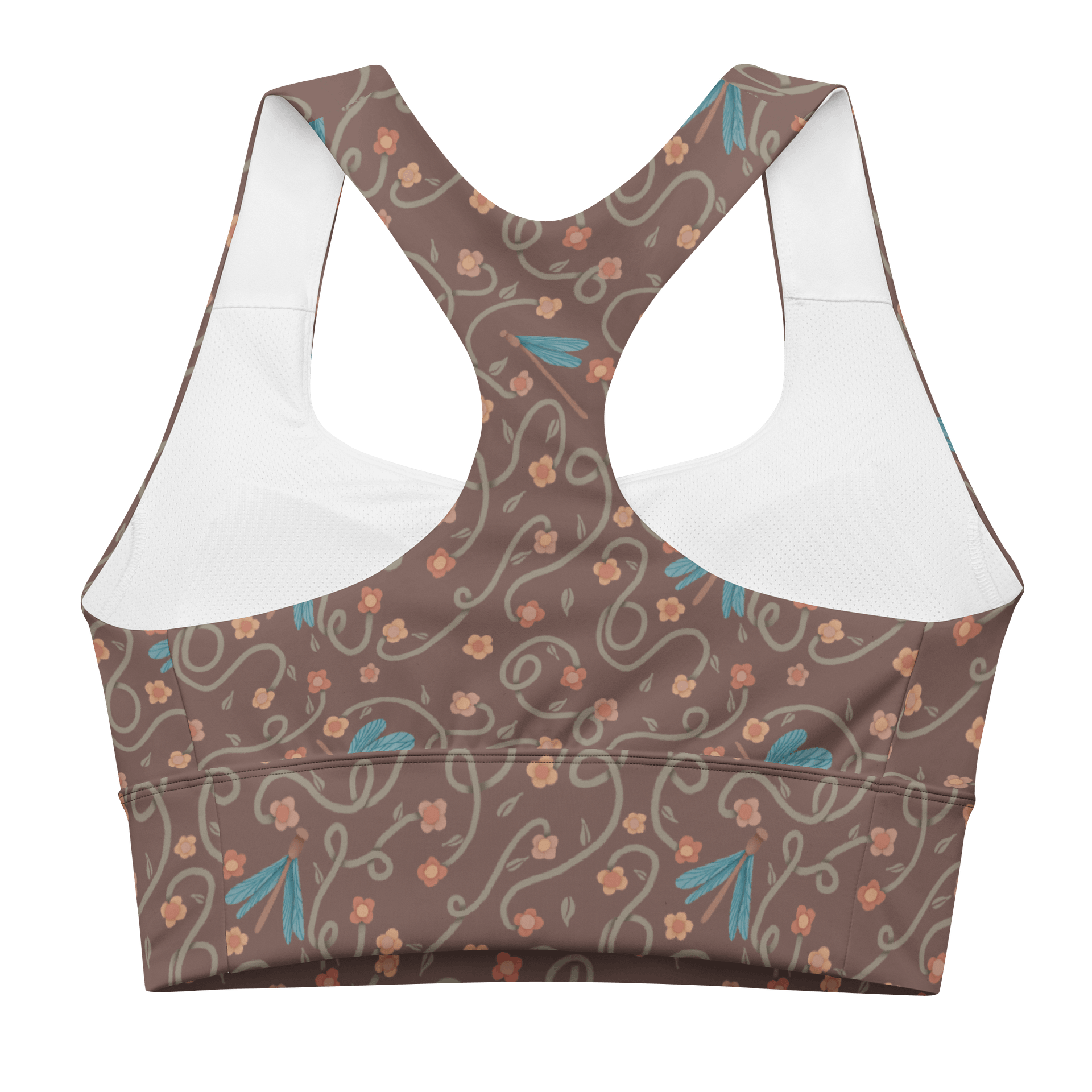 All-Over recycled longline sports bra. Dragonfly and floral artistic activewear product image (4)