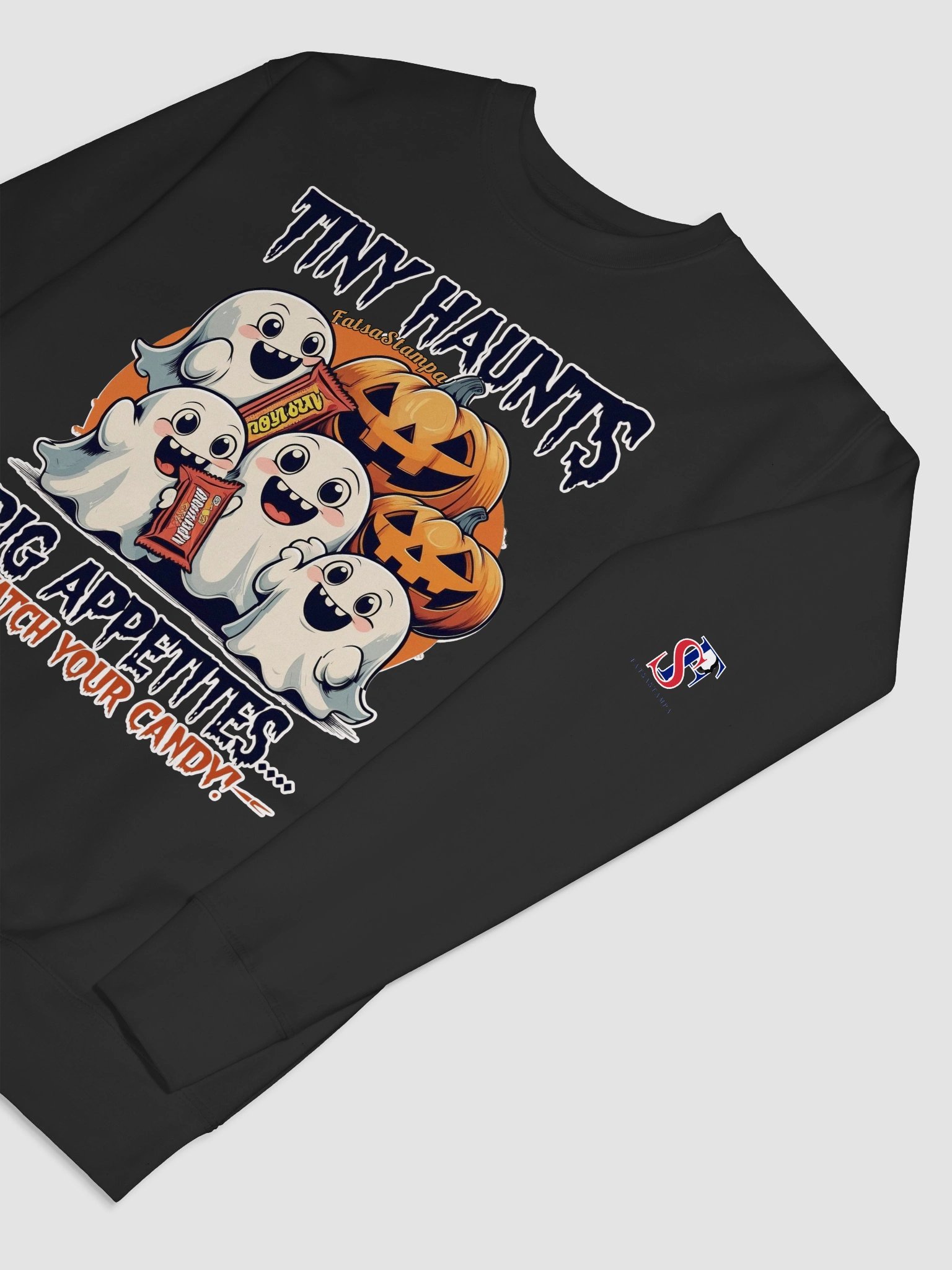 Tiny Haunted Bites: Cute Ghost Squad Guarding Halloween Candy Premium Sweatshirt product image (3)