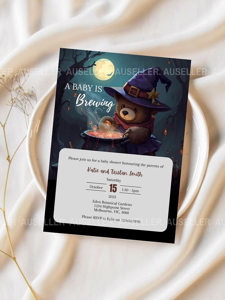 Teddy Bear & Cauldron Nighttime Forest Themed 'A Baby Is Brewing' Halloween Baby Shower Invitation product image (2)