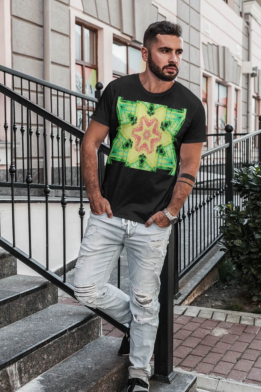 Abstract Green, Orange and Yellow Kaleidoscope Star Men's T Shirt product image (1)