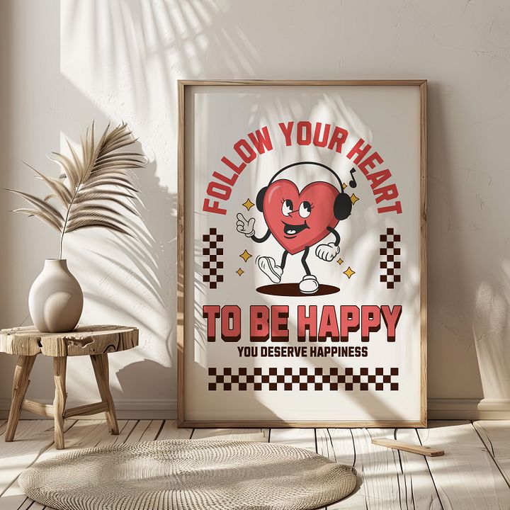 Follow Your Heart Happiness Quote & Vintage Heart Mascot Retro Art Print product image (2)