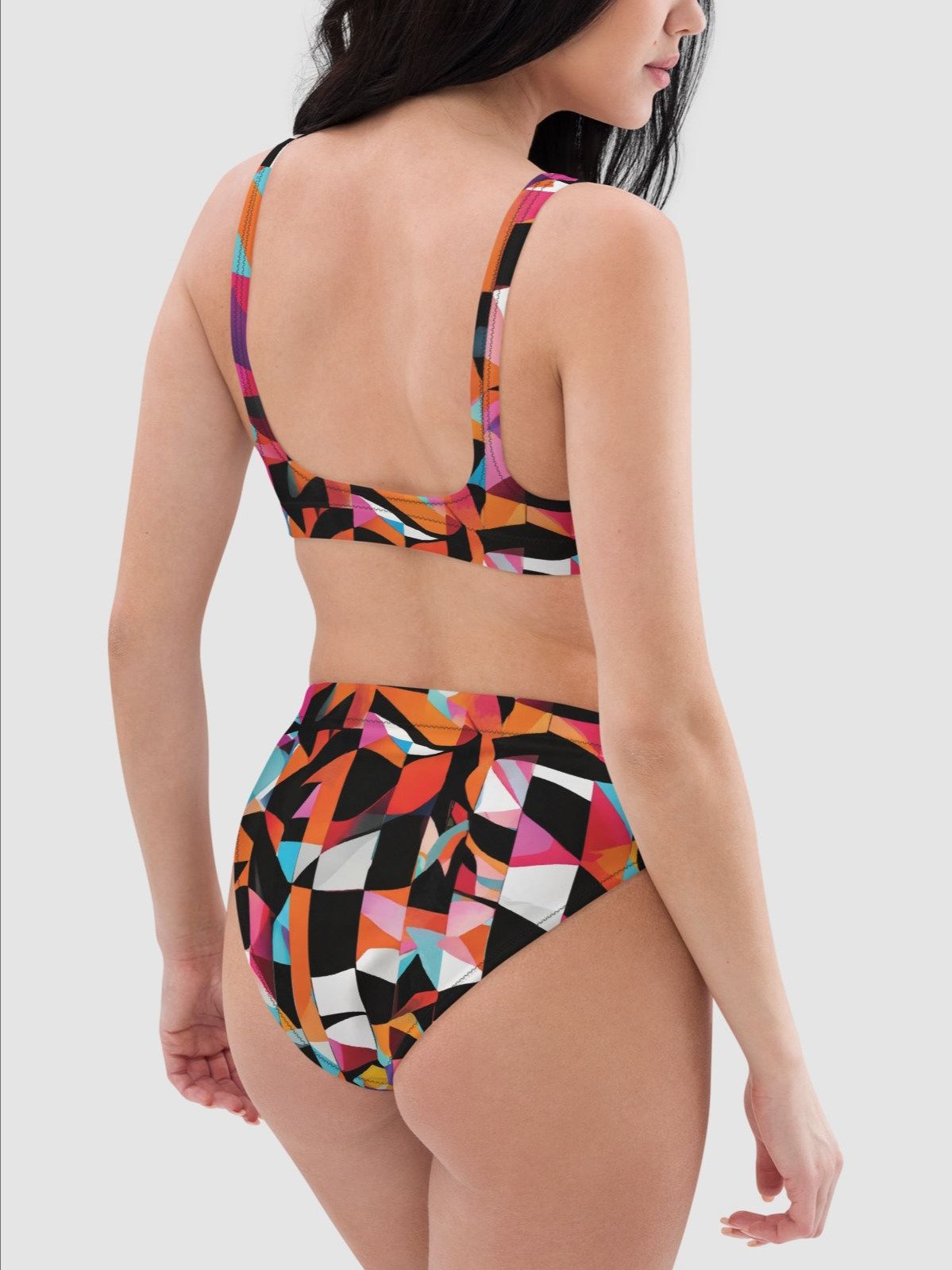 High-Waisted Bikini Bottom "Colorful Modern Abstract Checkered Art Printed" product image (1)