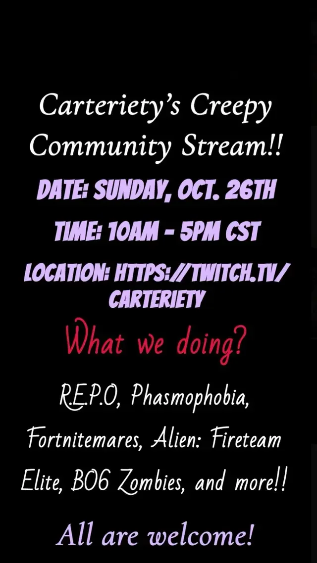 All are welcome to our community stream!!! You don’t have to be there all day, show up when you can!! Support the community!! https://twitch/tv/Carteriety #carteriety #fyp #trending #community #viral 