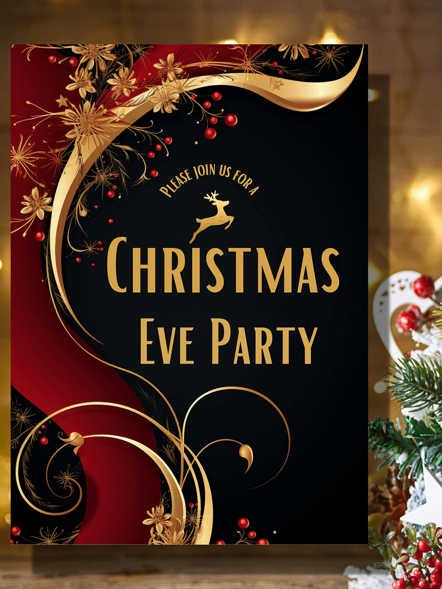 Editable Christmas Eve Party Invitation -Stunning Red and Gold- Edit in Canva- Christmas Party Printable- Holiday Party Invitation Template product image (4)