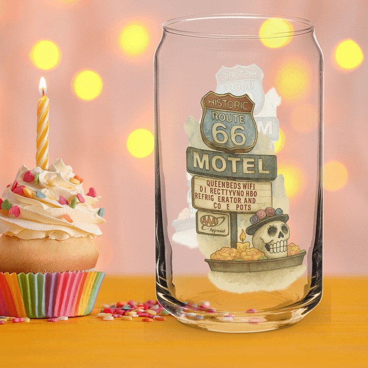 Route 66 Motel Glass – Vintage Skull & Flowers Can-Shaped Pint product image (1)