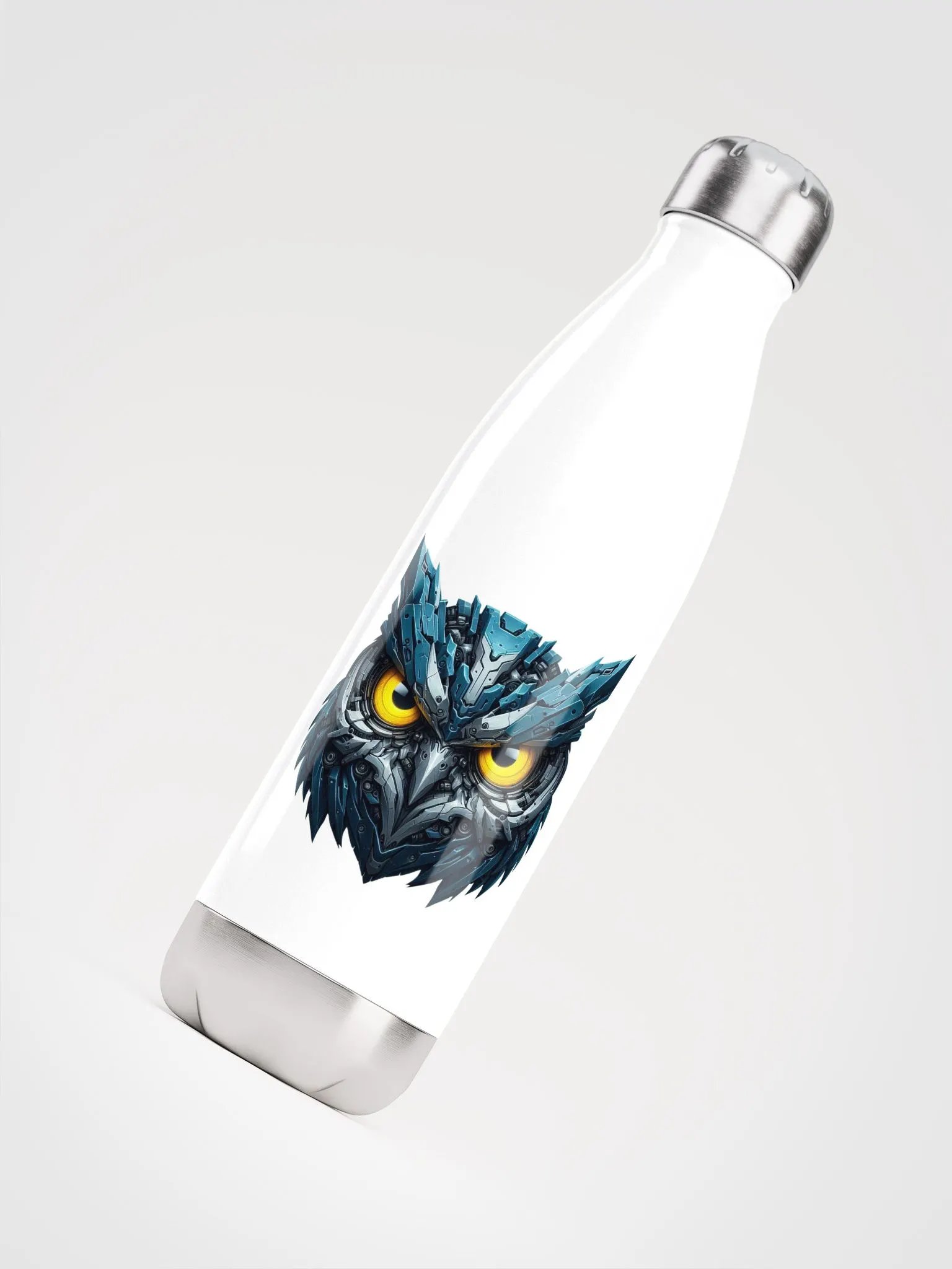 White Stainless Steel Water Bottle with Blue Iron Owl Robot Design product image (4)