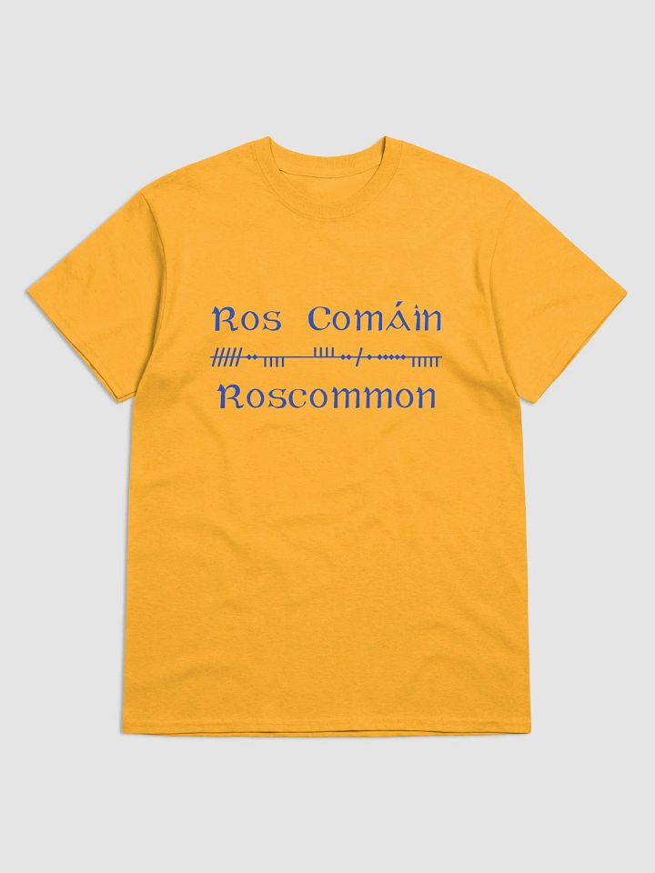 Roscommon/Ros Comáin Scholastic style Ogham Yellow printed T-shirt product image (1)