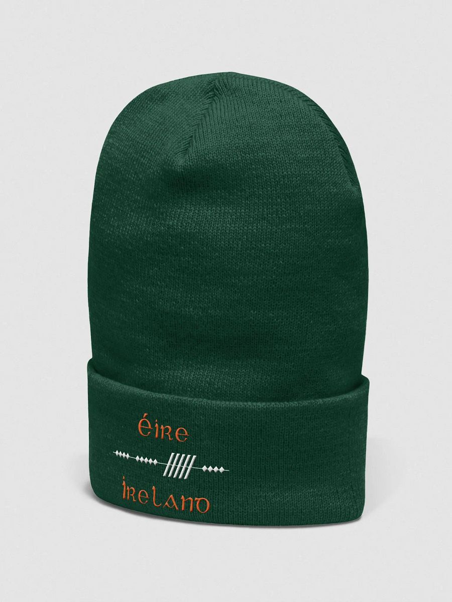 Ireland/Éire Scholastic Style Ogham, Green with White and Orange, embroidered Cuffed Beanie product image (2)