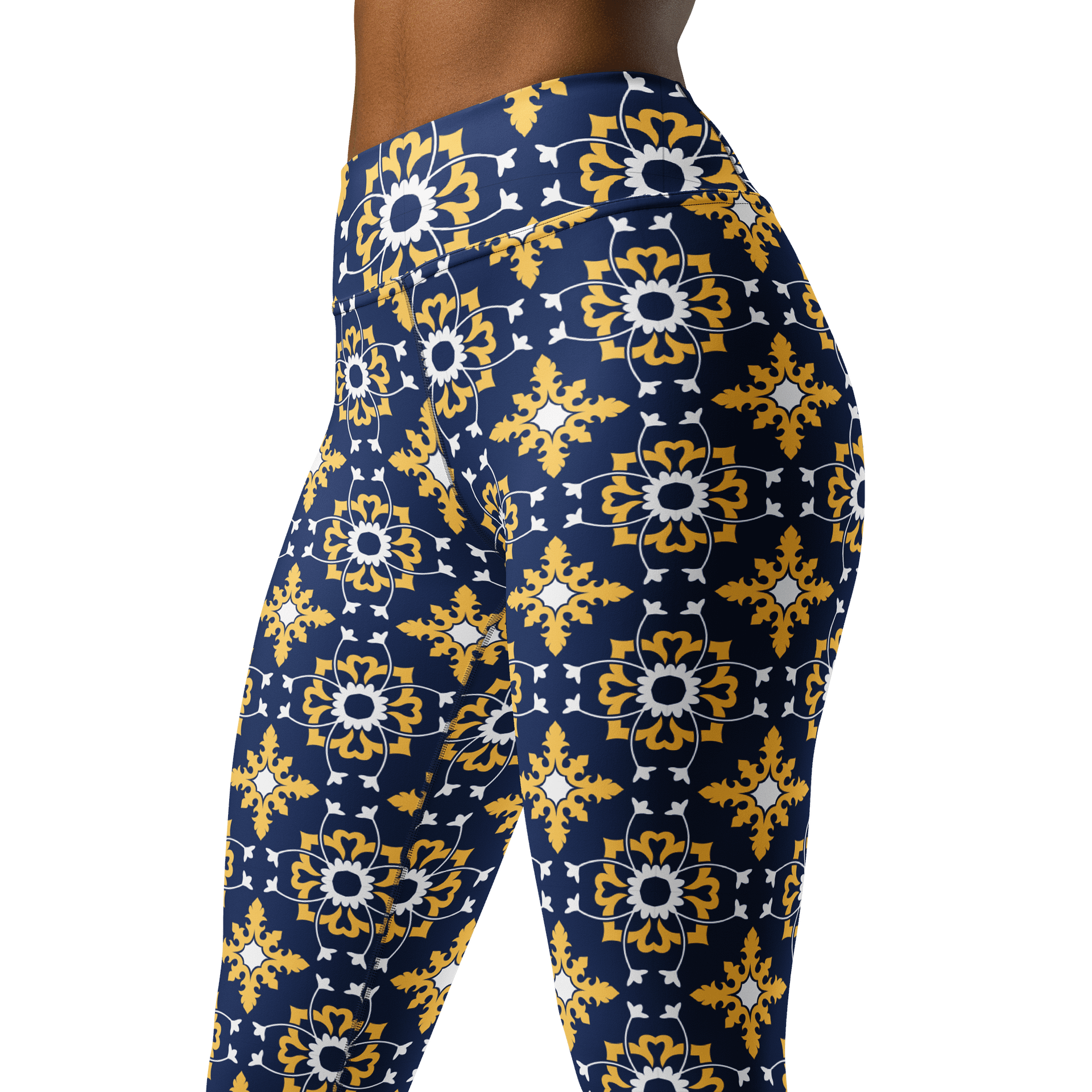 Bold Blue and Yellow Ornament Pattern High-Waist Leggings product image (4)