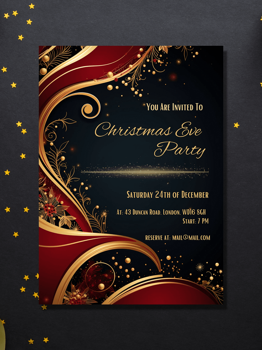 Red and Gold Christmas Eve Party Invitation | Editable in Canva | Christmas Party Printable | Holiday Invitation Template | Link to Canva product image (3)