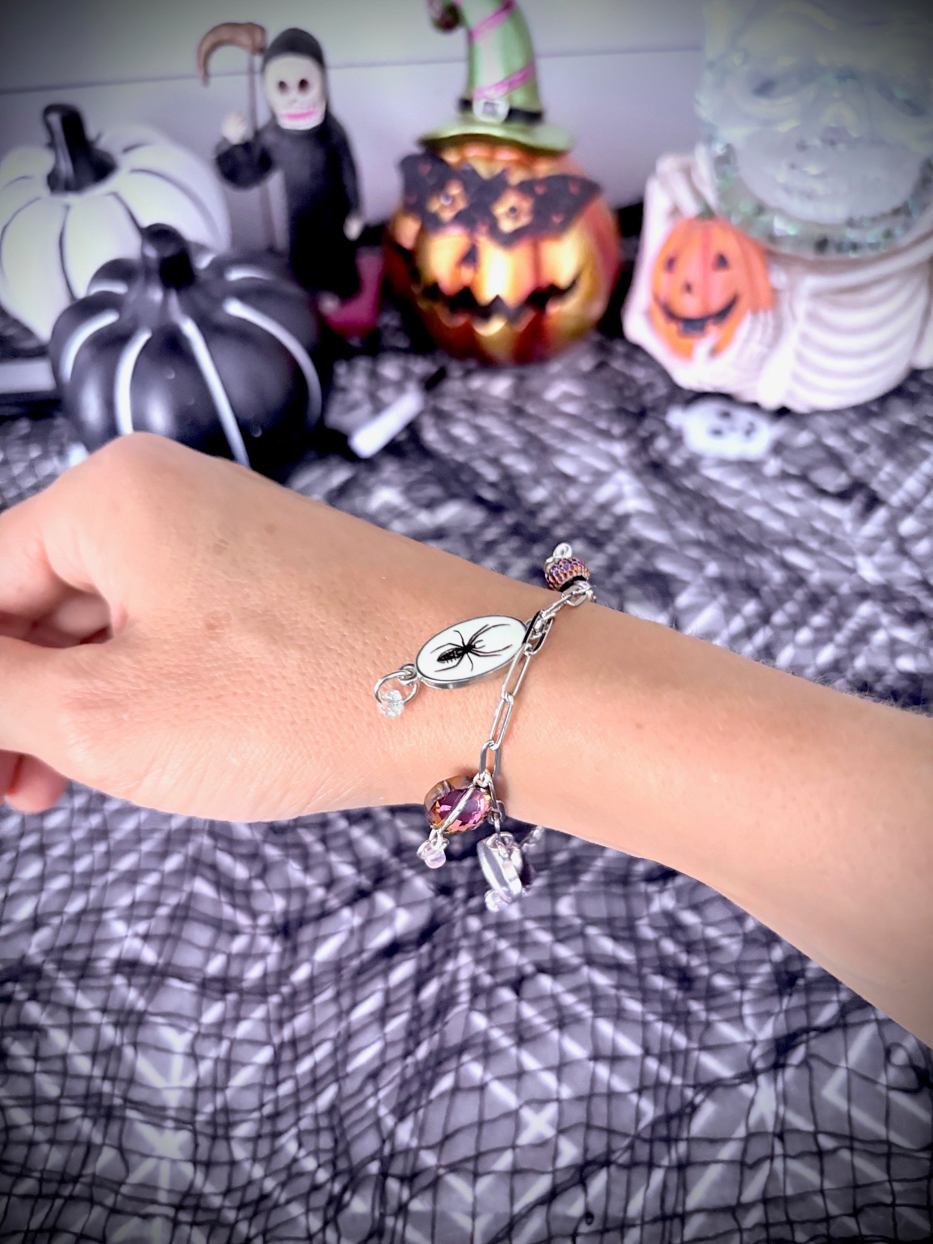 MFD-00247 | Spooky Arachnid Charm Bracelet | Stainless Steel Paperclip Chain | Charm Jewelry by Monique Faella Designs™ product image (4)