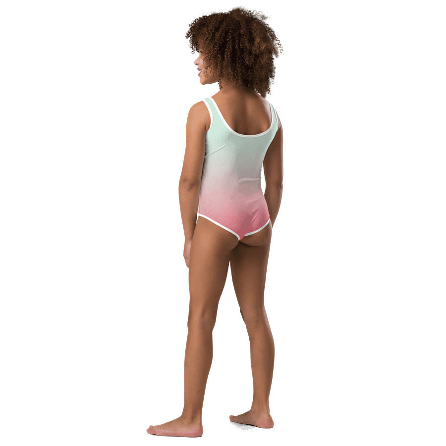 Girls' | One-Piece Swimsuit | BOURNE to Cape Cod™ | Front Logo | Coastal Kids Swimwear | Blue Logo on Blue Pink Ombre product image (3)