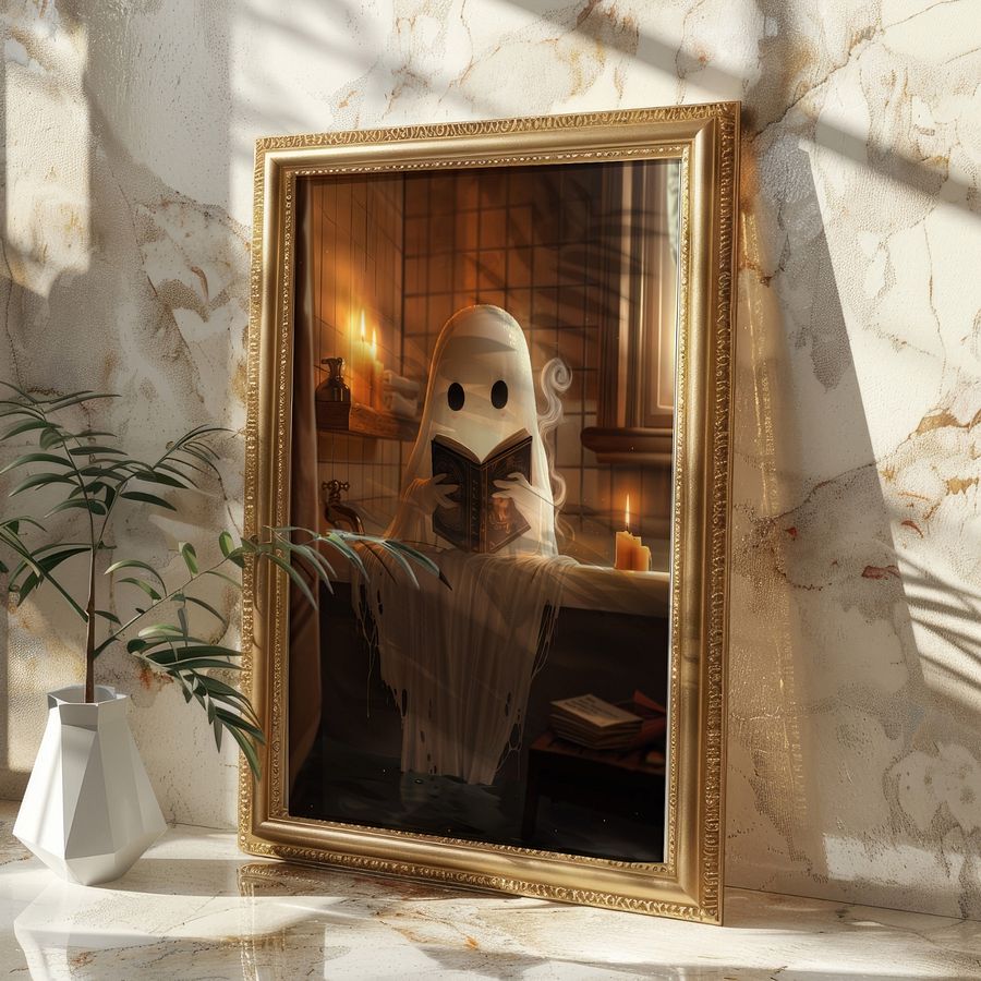 Cute Ghost Reading a Book in The Bathroom Halloween Art Print product image (22)
