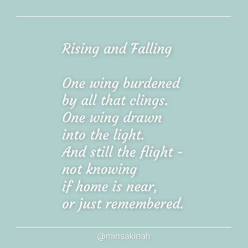 Rising and Falling

One wing burdened
by all that clings.
One wing drawn
into the light.
And still the flight –
not knowing
i...