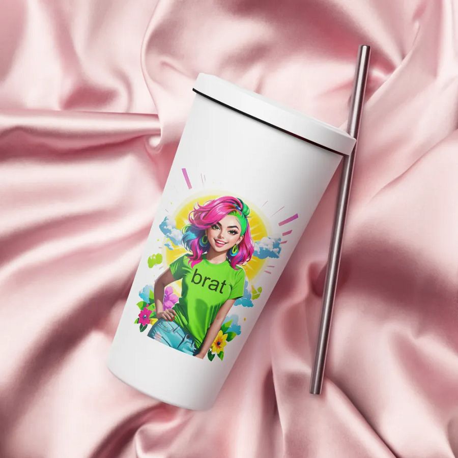 Brat 20 oz Tumbler Cup - White - Insulated Tumbler with a Straw v5 product image (4)