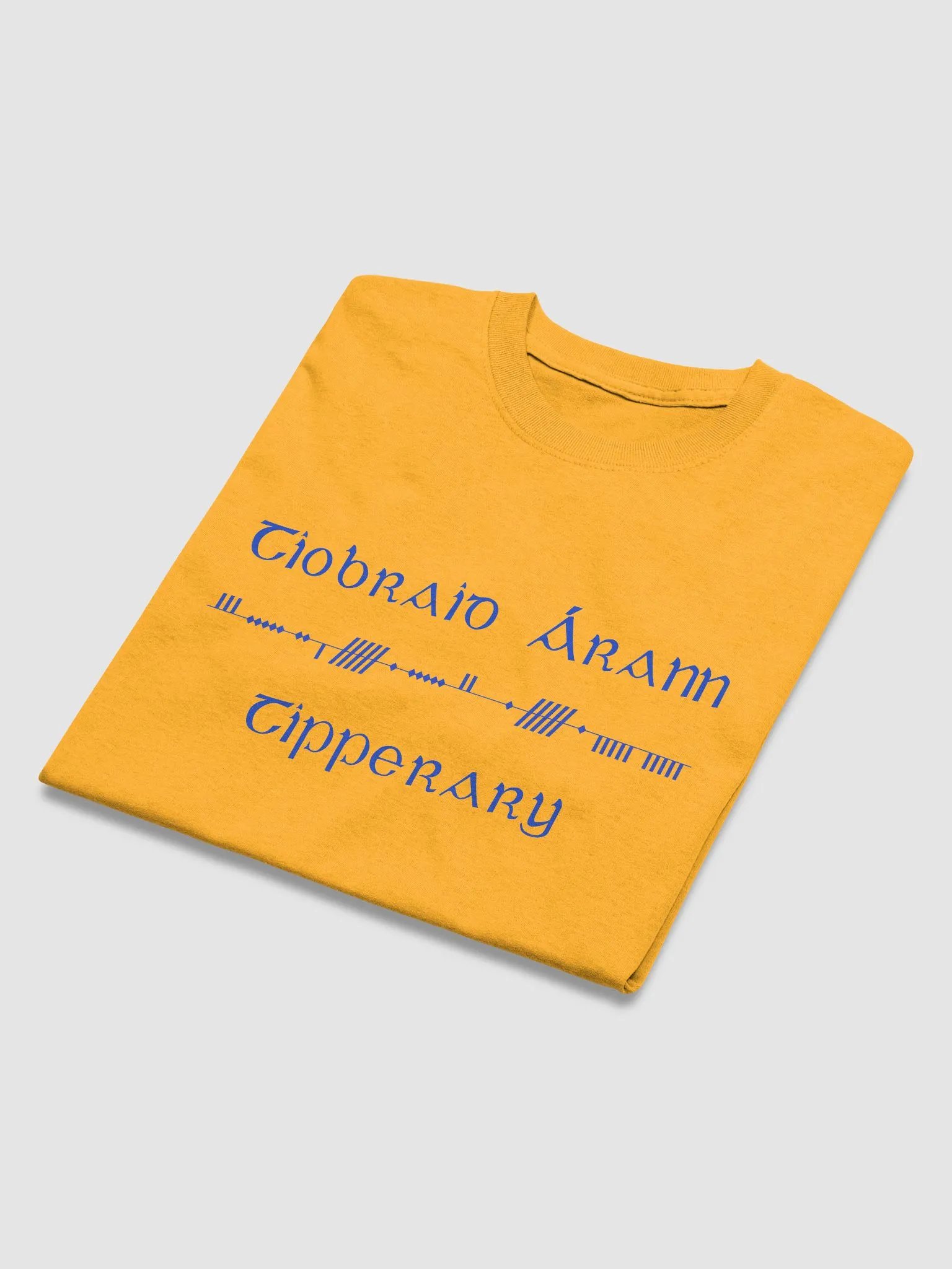 Tipperary/Tiobraid Árann Scholastic style Ogham, gold with blue, printed T-shirt product image (3)