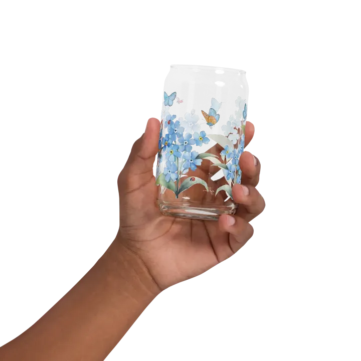Forget-Me-Not Whispers Glass Can Tumbler | 16oz Eco-Friendly Botanical Drinkware | Blue Blossoms & Butterflies Design product image (2)