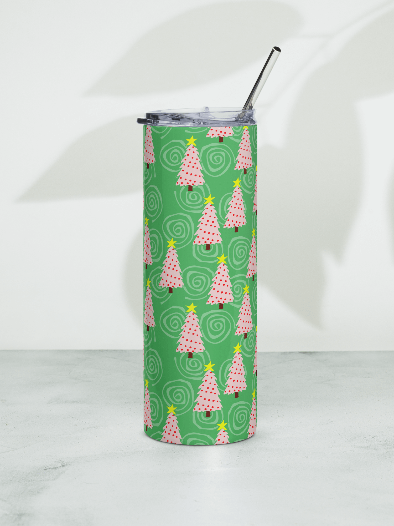 Pink Christmas Trees on Green Spirals Stainless Steel Tumbler with Straw product image (6)