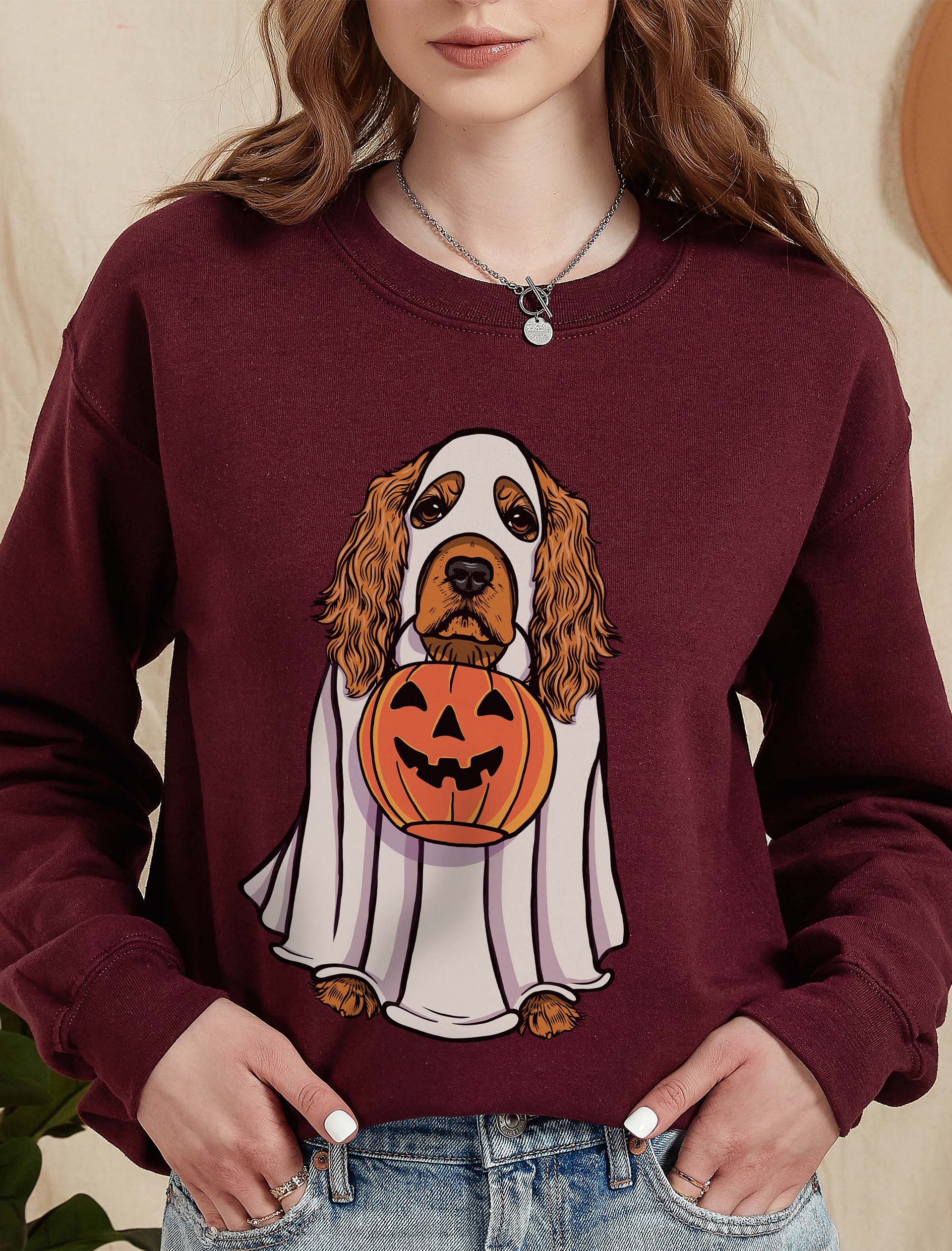 Funny Halloween Cocker Spaniel Sweatshirt | Funny Cocker Spaniel Wearing a Ghost Costume and Holding a Pumpkin Basket product image (10)