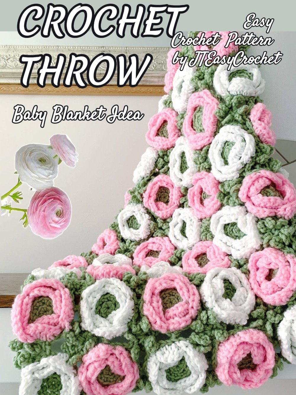 Ranunculus Flower Motif Crochet Blanket Pattern, PDF Instant Download, Cute Home Accent Throw Floral Housewarming Baby Shower Gift product image (4)
