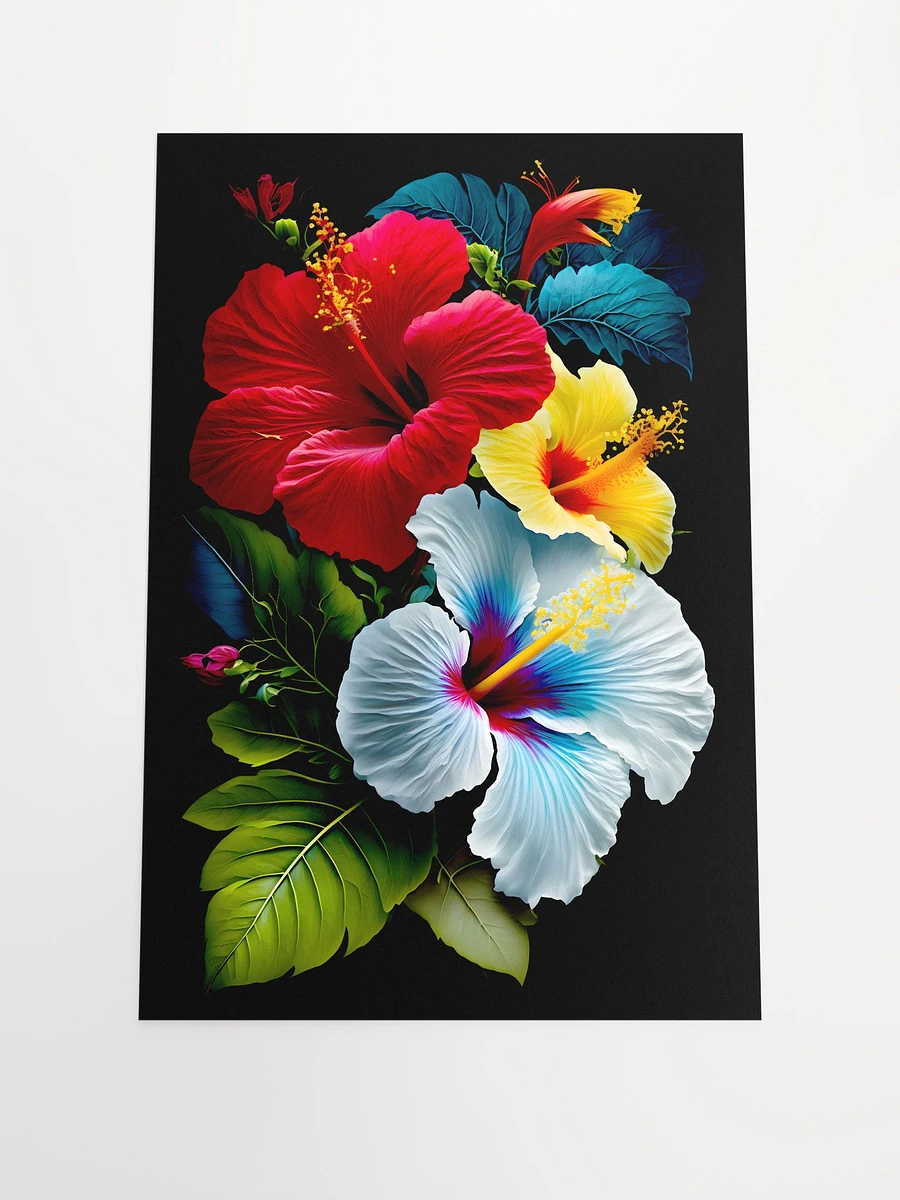 Bouquet of Hibiscus Flowers in Red Yellow Blue with Leaves Black Background Matte Poster product image (3)