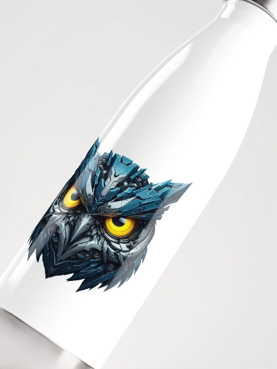 White Stainless Steel Water Bottle with Blue Iron Owl Robot Design product image (5)