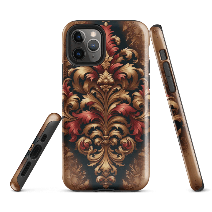 Tough Phone Case for iPhone® - Rococo Floral Damask Design in Reds and Browns product image (1)